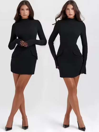 A woman wearing a Black long-sleeve pocketed mini dress with a sleek zipper closure, bodycon fit, and modern silhouette.