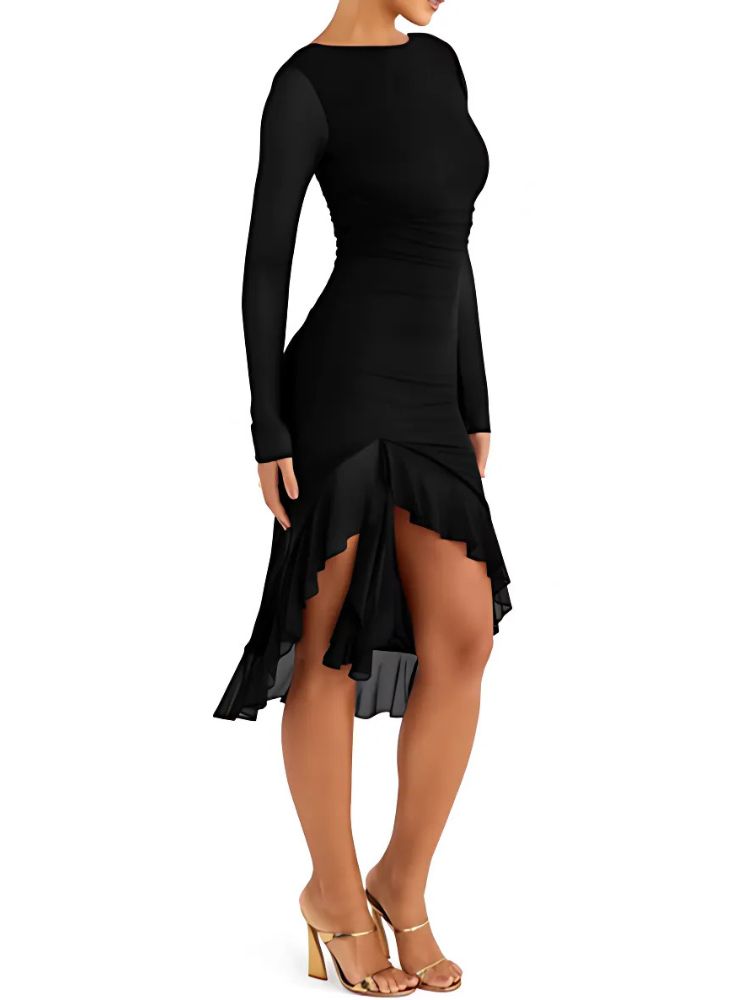 Woman wearing a black sheer long sleeve bodycon midi dress with ruffle details and irregular hem 